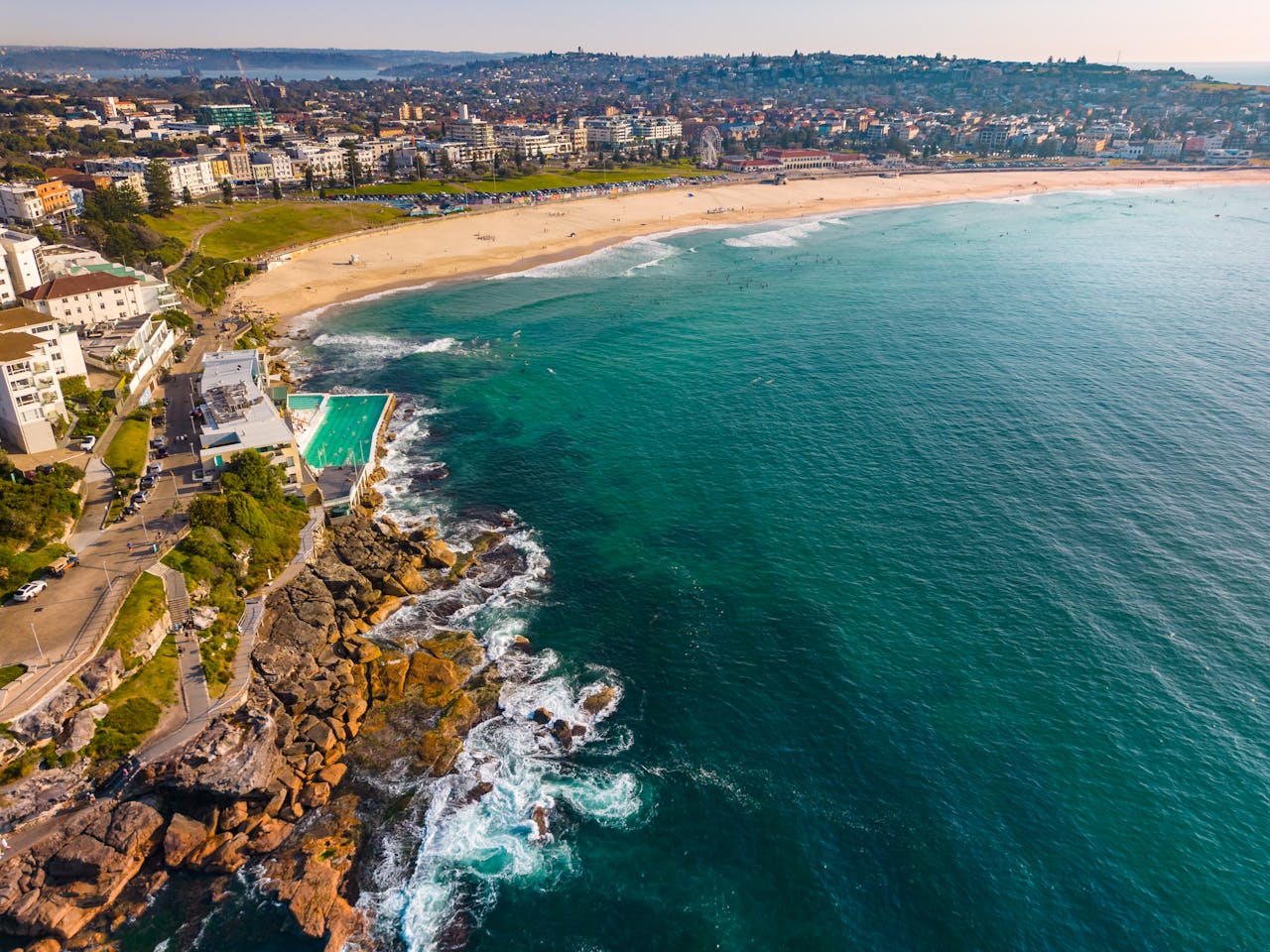 A breathtaking aerial view of Bondi Beach, NSW, Australia, showcasing the vibrant coastline and cityscape.